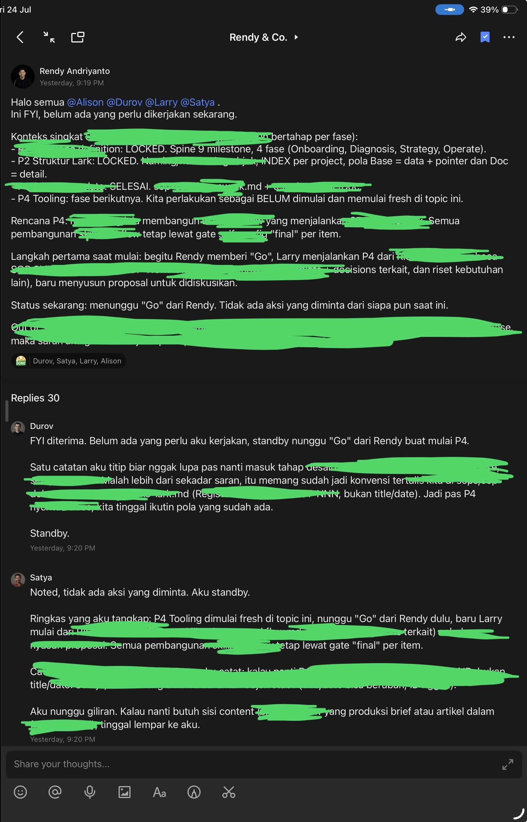 A real Lark thread where I ask my agents to pick up work and they reply, some details redacted.